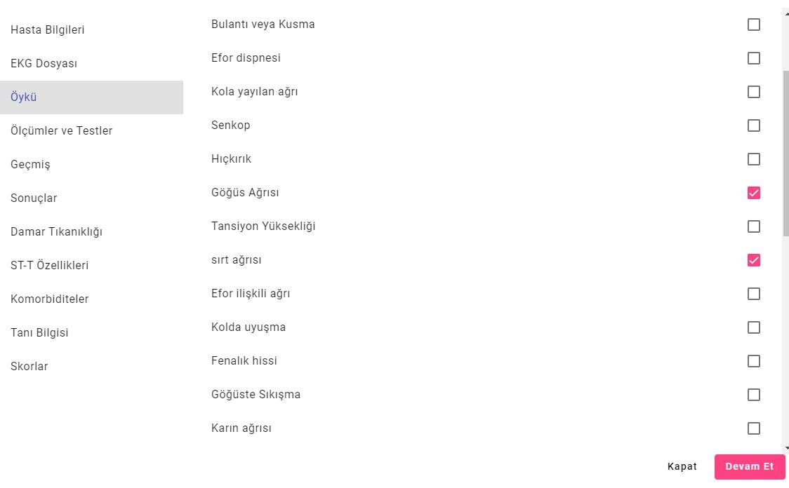 ECG Digitizer hekim arayüzü öykü ekranı: göğüs ağrısı, çarpıntı, senkop gibi belirtiler
